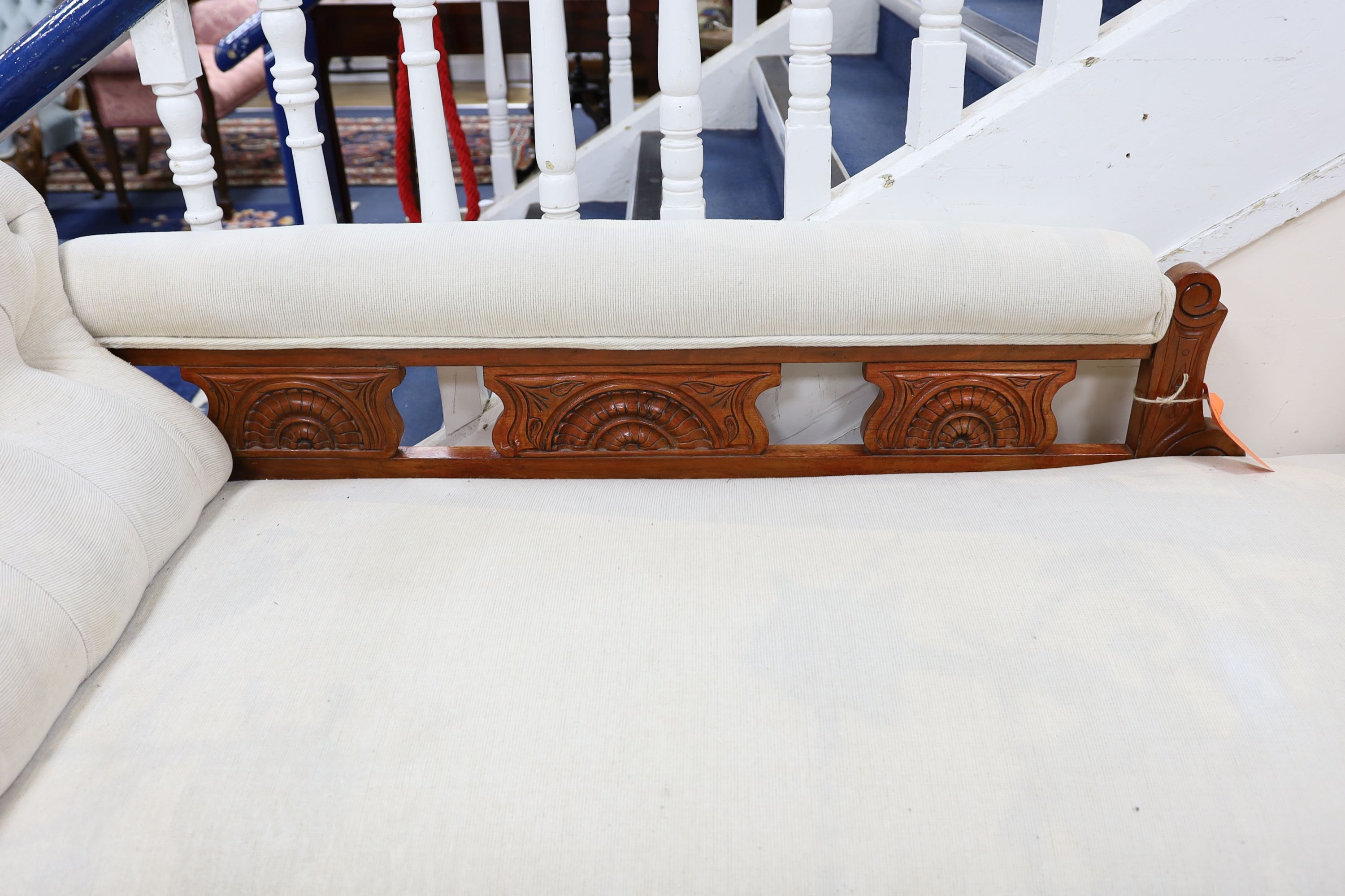 A late Victorian upholstered chaise longue, length 170cm, depth 65cm, height 81cm